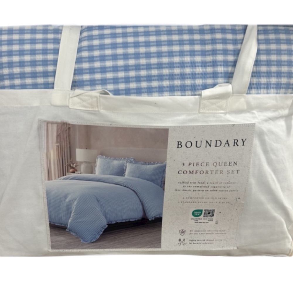 Boundary Blue and White Checkered Cotton Queen Comforter Set with Ruffle Trim